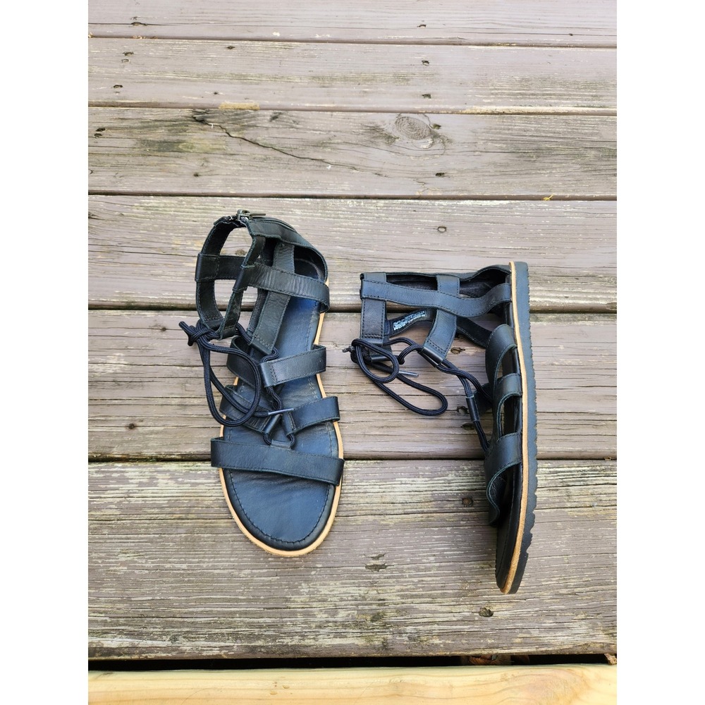Sorel Gladiator Sandals Black Leather Strappy Lace Up Back Zip LL3295-010 Sz 10
